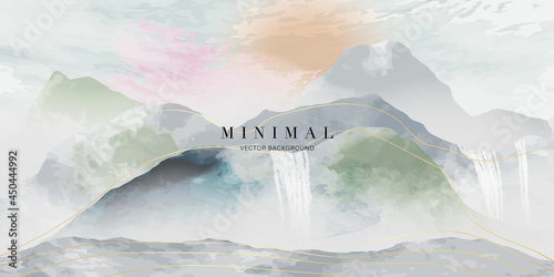 mountain and golden line arts background vector. Oriental Luxury landscape background design with watercolor brush and gold line texture. Wallpaper design, Wall art for home decor and prints.
