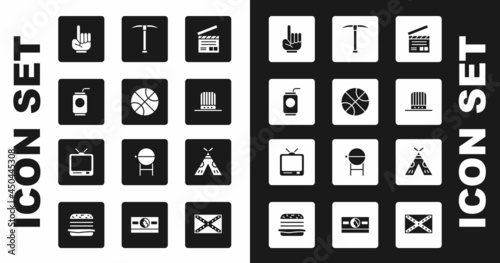Set Movie clapper, Basketball ball, Soda can with straw, Number 1 one fan hand glove, Patriotic American top hat, Pickaxe, Indian teepee or wigwam and Retro tv icon. Vector