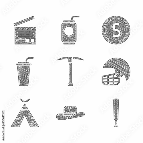 Set Pickaxe, Western cowboy hat, Baseball bat, American football helmet, Indian teepee or wigwam, Paper glass with straw, Coin money dollar and Movie clapper icon. Vector