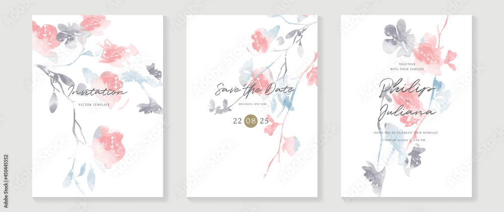Luxury wedding invitation card background  with golden line art flower and botanical leaves, Organic shapes, Watercolor. Abstract art background vector design for wedding and vip cover template.