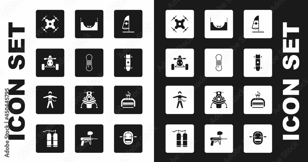 Set Windsurfing, Climber rope, ATV motorcycle, Drone flying, Longboard skateboard, Skate park, Ski lift and Bungee jumping icon. Vector Set Windsurfing, Climber rope, ATV motorcycle, Drone flying, Longboard skateboard, Skate park, Ski lift and Bungee jumping icon. Vector