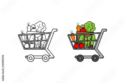 Shopping cart vegetables hand drawn illustration sketch and color
