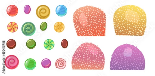 Set. Assorted dessert sweets. Candy caramel. Marmalade in sugar. Round lollipops. Flat cartoon background illustration. Vector