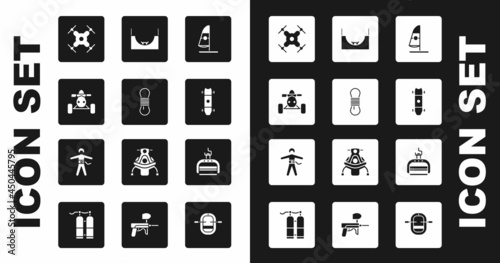 Set Windsurfing, Climber rope, ATV motorcycle, Drone flying, Longboard skateboard, Skate park, Ski lift and Bungee jumping icon. Vector