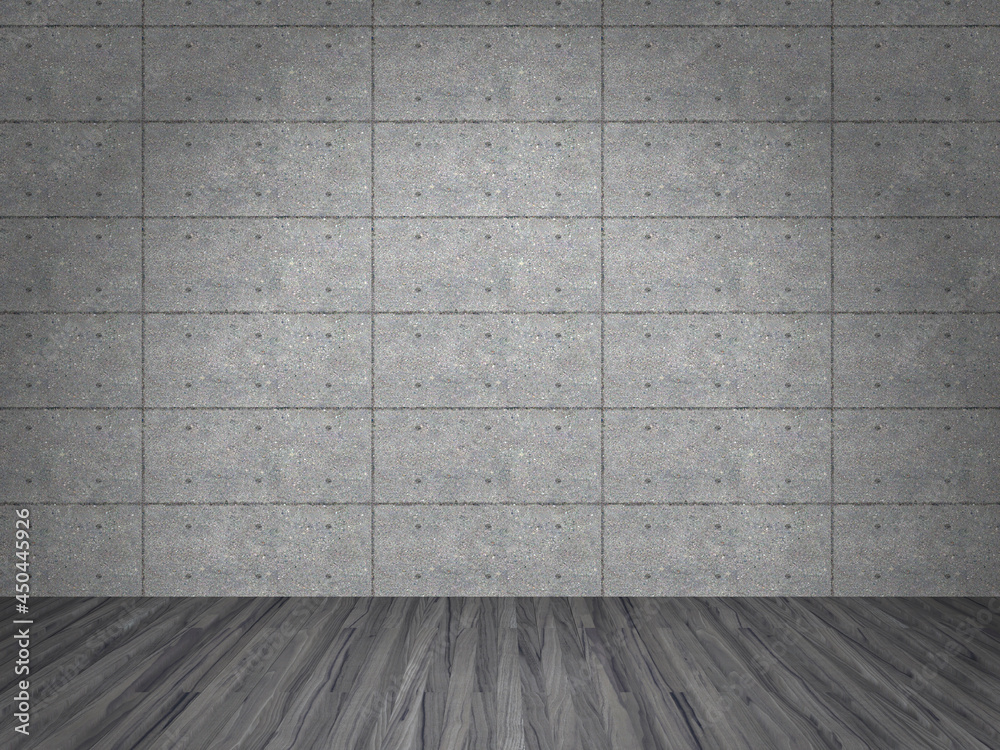 Post concrete wall . White wood floor. 3D illustration.