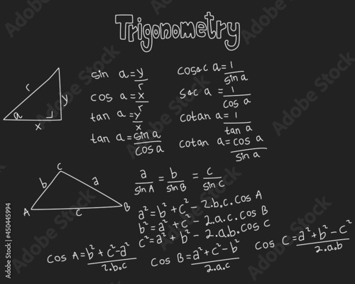 Trigonometry law theory and mathematical formula equation, doodle handwriting icon in chalkboard background with handdrawn model. vector