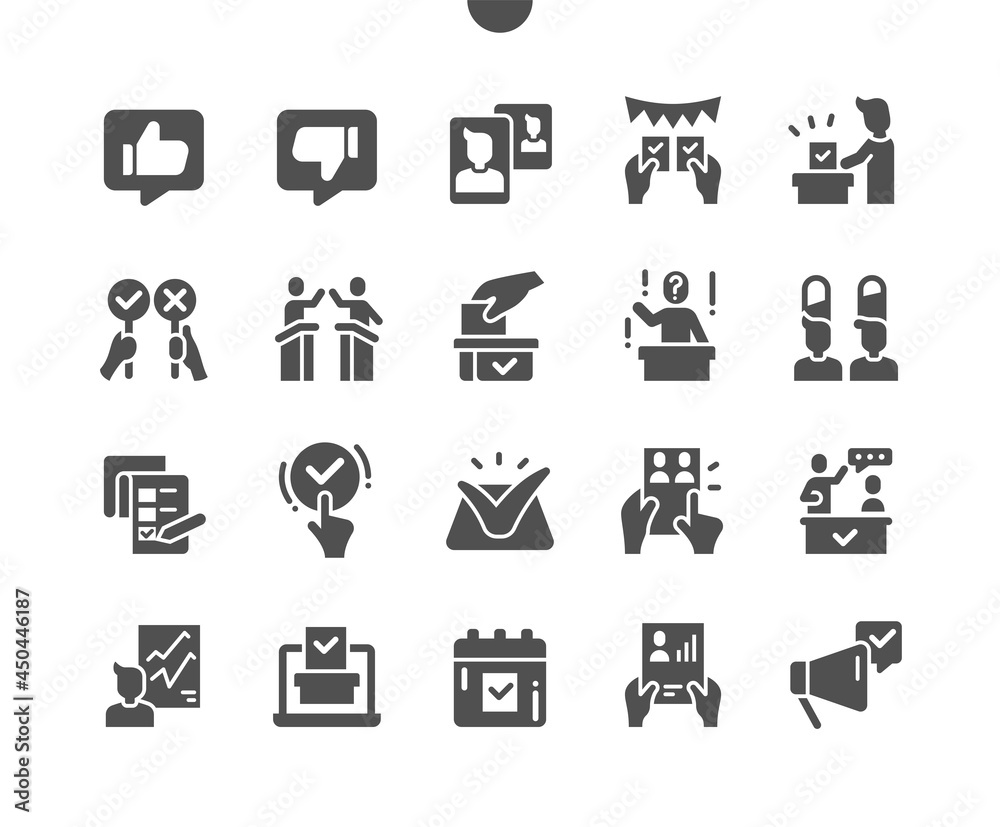 Voting. Positive and negative vote. Candidate. Election day. Politics and debate. Online voting. Vector Solid Icons. Simple Pictogram Voting. Positive and negative vote. Candidate. Election day. Politics and debate. Online voting. Vector Solid Icons. Simple Pictogram