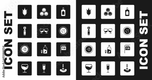 Set Whiskey bottle, Glass of cognac or brandy, Bottle opener, Hop, Alcohol 21 plus, Wooden barrels, Street signboard with Pub and 18 icon. Vector