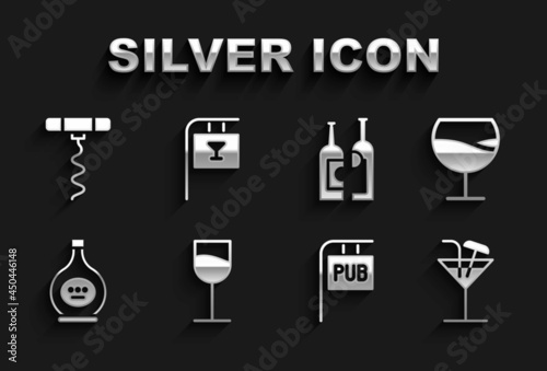 Set Wine glass, Cocktail, Street signboard with Pub, Bottle of cognac or brandy, Bottles wine, corkscrew and Bar icon. Vector