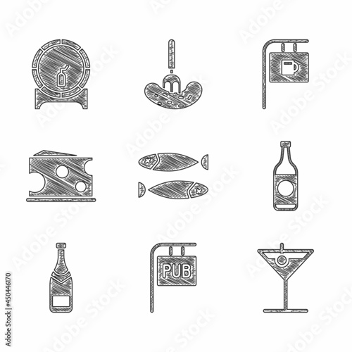 Set Dried fish, Street signboard with Pub, Martini glass, Beer bottle, Champagne, Cheese, Bar and Wooden barrel on rack icon. Vector