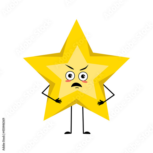 Cute star character with angry emotions, grumpy face, arms and legs. Space and weather symbol with furious expression