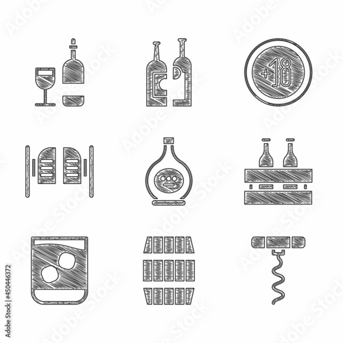Set Bottle of cognac or brandy, Wooden barrel, Wine corkscrew, Pack beer bottles, Glass whiskey, Saloon door, Alcohol 18 plus and with glass icon. Vector