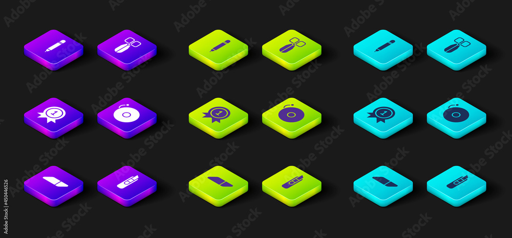 Set Eraser or rubber, Stationery knife, Medal, Ringing alarm bell, Scissors and Pencil with eraser icon. Vector