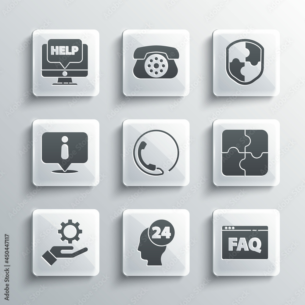 Set Support operator in touch, Browser FAQ, Piece of puzzle, Telephone 24 hours support, Settings the hand, Information, Computer monitor help and Shield icon. Vector Set Support operator in touch, Browser FAQ, Piece of puzzle, Telephone 24 hours support, Settings the hand, Information, Computer monitor help and Shield icon. Vector
