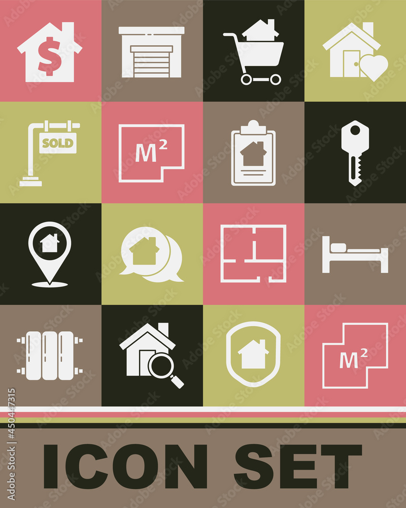 Set House plan, Bed, key, Shopping cart with house, Hanging sign Sold, dollar symbol and contract icon. Vector Set House plan, Bed, key, Shopping cart with house, Hanging sign Sold, dollar symbol and contract icon. Vector