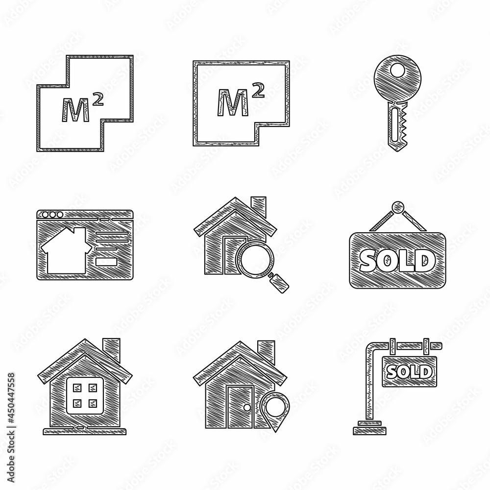 Set Search house, Location with, Hanging sign Sold, text, House, Online real estate, key and plan icon. Vector