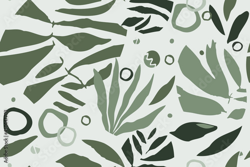   
Leaves, grass, spots, stripes, circles. Safari. Camouflage. Modern seamless pattern. Natural ornament. Creative background
