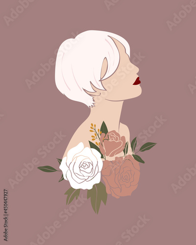 Vector abstract floral women portraits. International Women's Day. Minimalistic style with beautiful, confident short-haired girl and bouquets. Perfect for interior design, page decoration