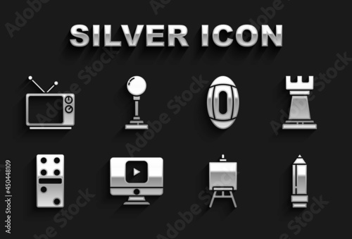 Set Online play video, Business strategy, Pencil with eraser, Easel or painting art boards, Domino, American Football ball, Retro tv and Joystick for arcade machine icon. Vector