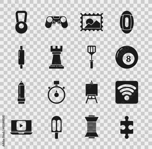 Set Piece of puzzle, Wi-Fi wireless internet network, Billiard pool snooker ball, Postal stamp, Business strategy, Rolling pin, Kettlebell and Spatula icon. Vector