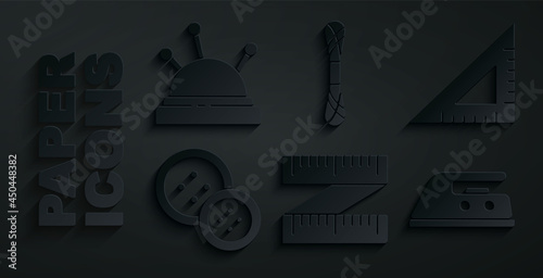 Set Tape measure, Triangular ruler, Sewing button, Electric iron, Yarn and Needle bed and needles icon. Vector