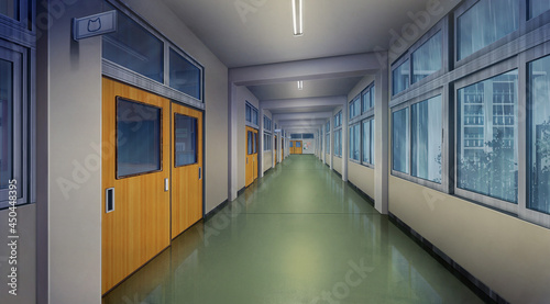 High school corridor balcony in the Overcast time  Turn on the light  Anime background  2D illustration