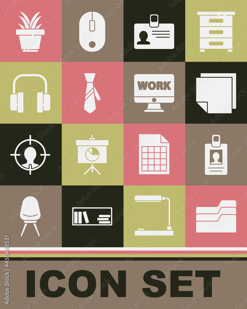 Set Document folder, Identification badge, Post note stickers, Tie, Headphones, Plant in pot and Monitor with text work icon. Vector Set Document folder, Identification badge, Post note stickers, Tie, Headphones, Plant in pot and Monitor with text work icon. Vector