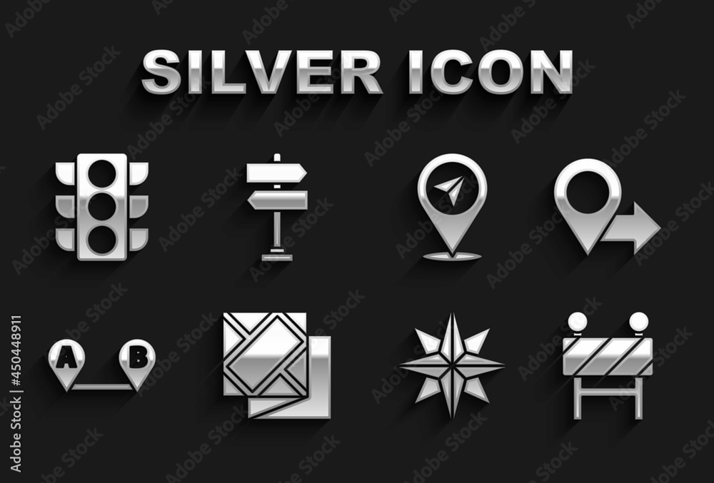 Set Folded map, Location, Road barrier, Wind rose, Route location, Traffic light and traffic sign icon. Vector Set Folded map, Location, Road barrier, Wind rose, Route location, Traffic light and traffic sign icon. Vector