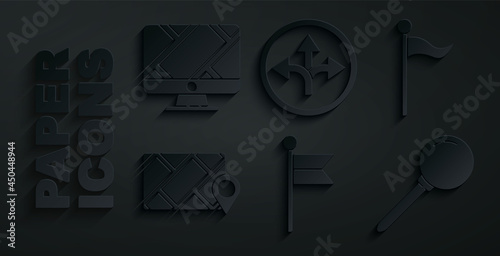 Set Location marker, City map navigation, Push pin, Road traffic sign and Monitor with location icon. Vector