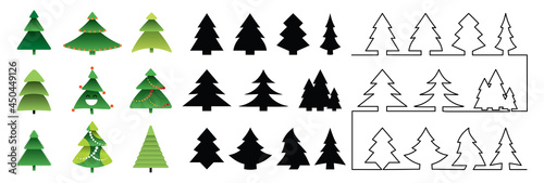 Collection of Christmas tree vector icons in modern cartoon style