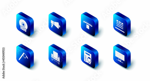 Set Megaphone, Limousine car and carpet, Cinema auditorium with seats, Smart Tv, poster, chair, Microphone and CD DVD disk icon. Vector