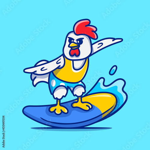 cute chicken playing surfing illustration