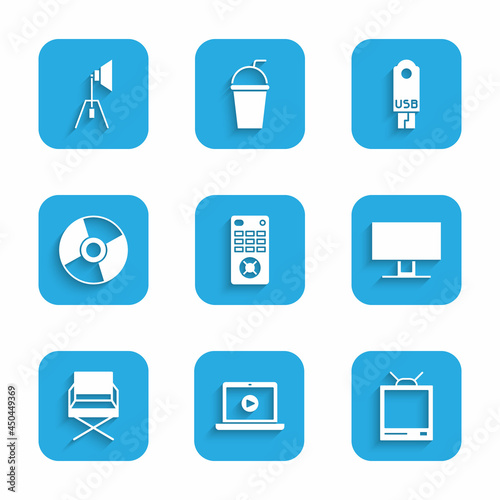 Set Remote control, Online play video, Retro tv, Smart Tv, Director movie chair, CD DVD disk, USB flash drive and Movie spotlight icon. Vector