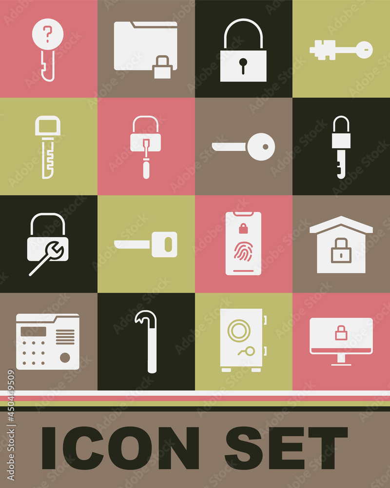 Set Lock on computer monitor, House under protection, Locked key, picks for lock picking, Key, Undefined and icon. Vector Set Lock on computer monitor, House under protection, Locked key, picks for lock picking, Key, Undefined and icon. Vector