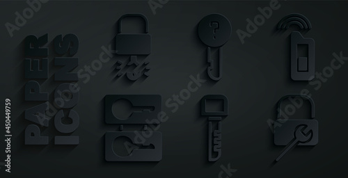 Set Key, Car key with remote, Casting keys, Lock repair, Undefined and broke inside of padlock icon. Vector