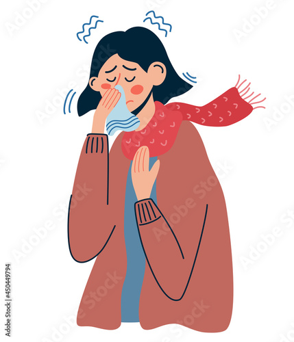 Women with cold or flu. Sick woman has a runny nose, sneezing. The concept of sick people, fever, colds and viral diseases, coronaviras. Vector illustration isolated on white background.