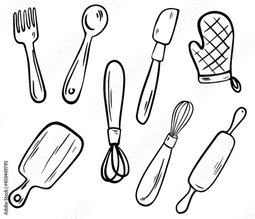 Kitchen utensils collection. Kitchen tools, Line art. Fork, knife, pot, holder, whisk, spoon, rolling pin and cutting board. Hand drawn vector illustration.