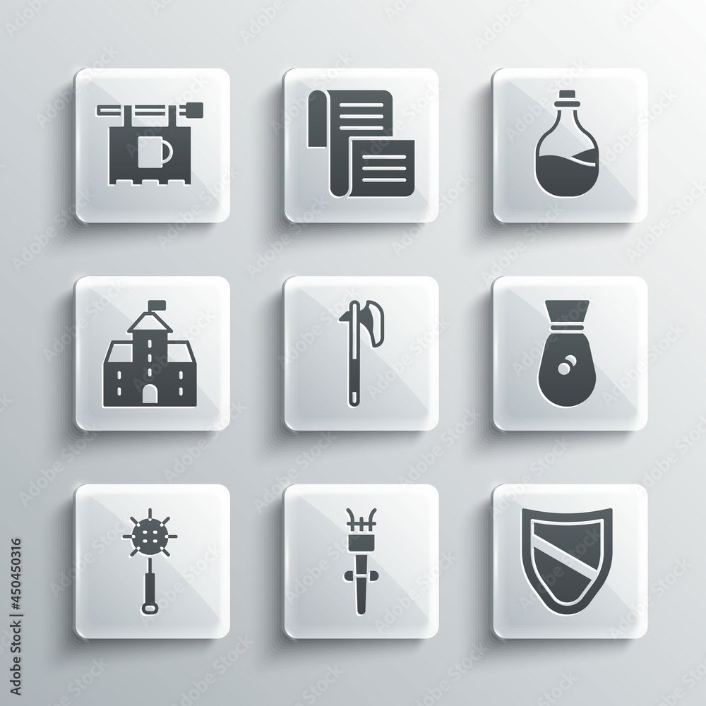 Set Torch flame, Shield, Old money bag, Medieval axe, chained mace ball, Castle, fortress, Street signboard with Bar and bottle of wine icon. Vector Set Torch flame, Shield, Old money bag, Medieval axe, chained mace ball, Castle, fortress, Street signboard with Bar and bottle of wine icon. Vector