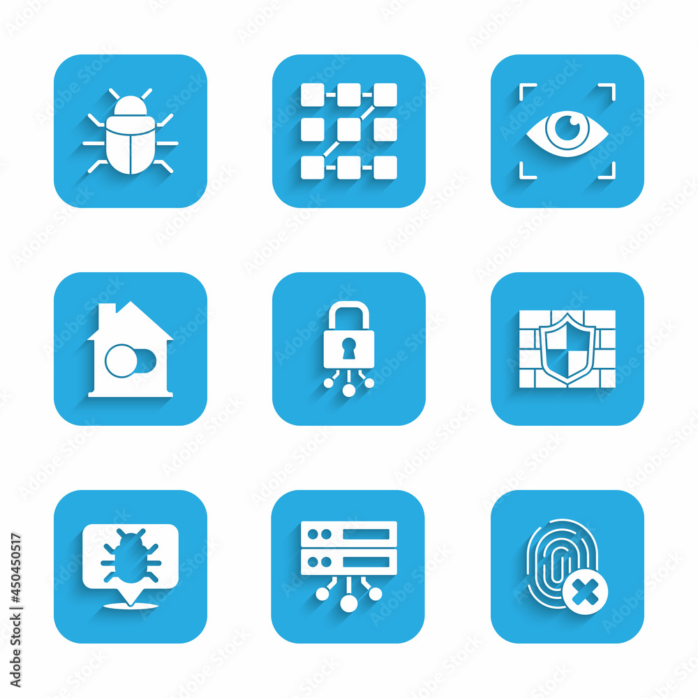 Set Cyber security, Server, Data, Web Hosting, Cancelled fingerprint, Shield with brick wall, System bug, Smart home, Eye scan and icon. Vector Set Cyber security, Server, Data, Web Hosting, Cancelled fingerprint, Shield with brick wall, System bug, Smart home, Eye scan and icon. Vector