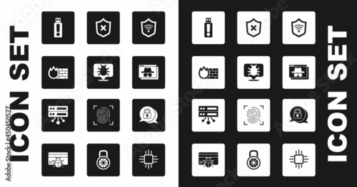 Set Shield with WiFi wireless, System bug, Firewall, security wall, USB flash drive, Browser incognito window, cross mark, Cyber and Server, Data, Web Hosting icon. Vector