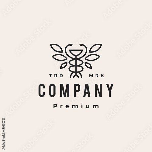 hygiea bowl caduceus leaf tree medical pharmacy hipster vintage logo vector icon illustration