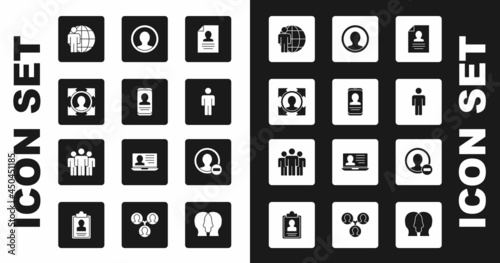Set Resume, Mobile with resume, Head hunting, User of man, Create account screen, and Users group icon. Vector