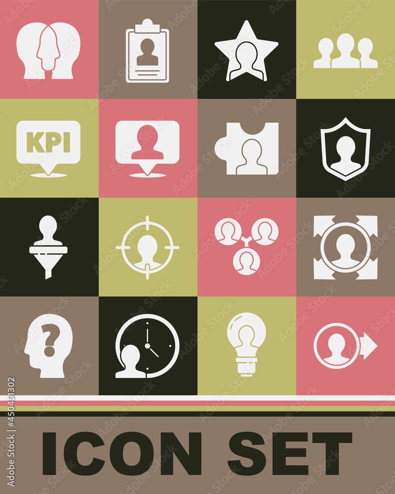 Set Create account screen, Head hunting, User protection, Location with person, Key performance indicator, Project team base and icon. Vector Set Create account screen, Head hunting, User protection, Location with person, Key performance indicator, Project team base and icon. Vector