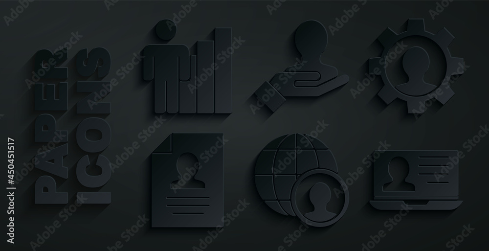 Set Globe and people, Human with gear, Resume, Laptop resume, Hand for search and Productive human icon. Vector