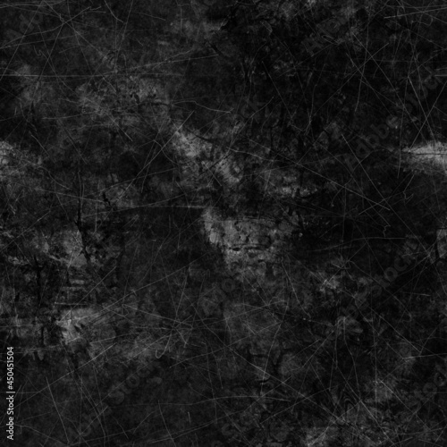 Seamless dark gray or black grungy dirty distressed background. High quality illustration. Messy scratched worn moody chalkboard or concrete wall texture. Ragged downtown tattered urban design.