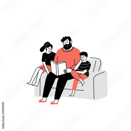 The father reads a book to the children. Reading a book. Family time. Reading to kids. Home reading literature
