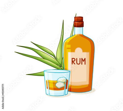 Rum is an alcoholic drink in a bottle and a glass with ice on a white background. Cartoon. A product made from sugar cane. Vector illustration