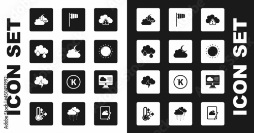 Set Storm warning, Cloud with moon, rain, Sun, Cone windsock wind vane, Weather forecast and icon. Vector