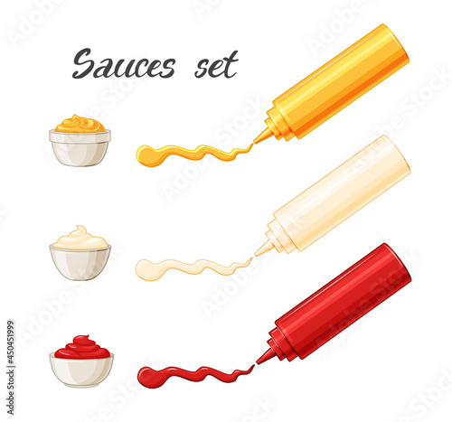Ketchup, mayonnaise, mustard are squeezed out of plastic bottles. Set on a white background. Cartoon. Vector illustration