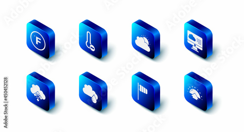 Set Meteorology thermometer, Sun and cloud weather, Weather forecast, Sunrise, Cone windsock wind vane, Cloud with rain, snow and Fahrenheit icon. Vector